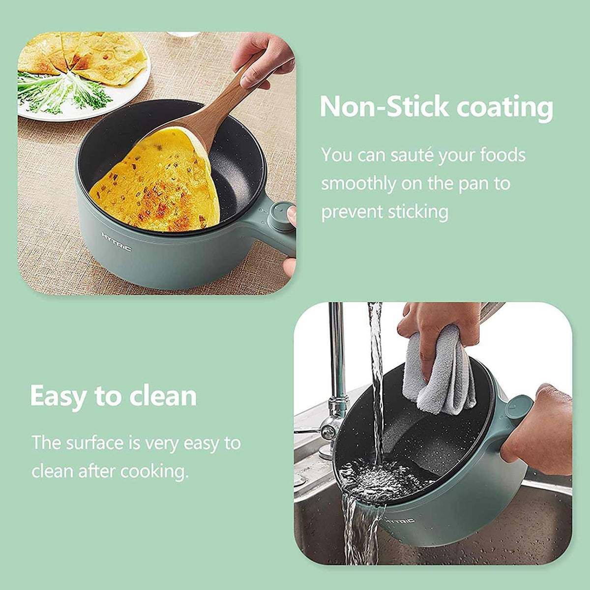 Electric Portable Cooking Pot with a teal body and black non-stick interior, shown cooking flatbread and being rinsed clean.