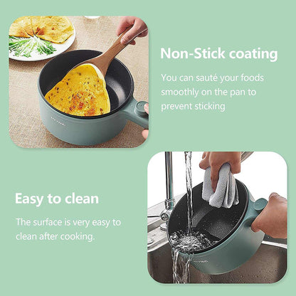 Electric Portable Cooking Pot with a teal body and black non-stick interior, shown cooking flatbread and being rinsed clean.