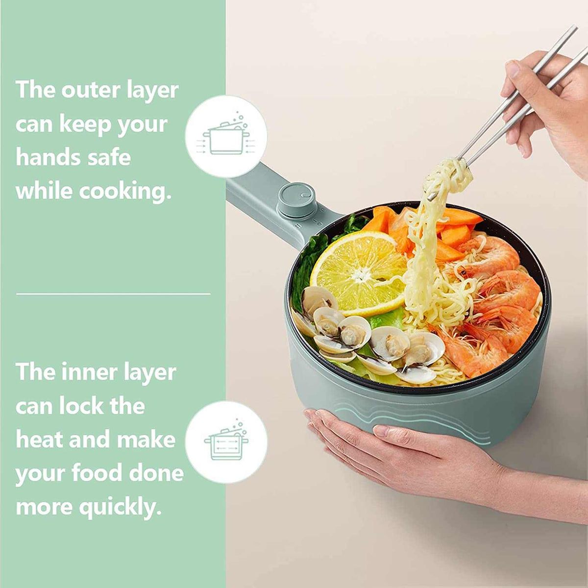 Electric Portable Cooking Pot in sage green with a black non-stick inner bowl, long handle and noodles, prawns and clams