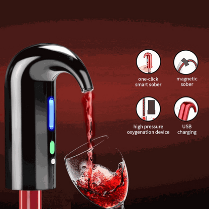Electric Wine Pump in glossy black with a curved spout, blue and green buttons, pouring red wine into a glass