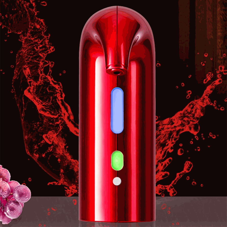 Electric Wine Pump with a glossy red cylindrical body, blue and green buttons, and a wine-pouring nozzle