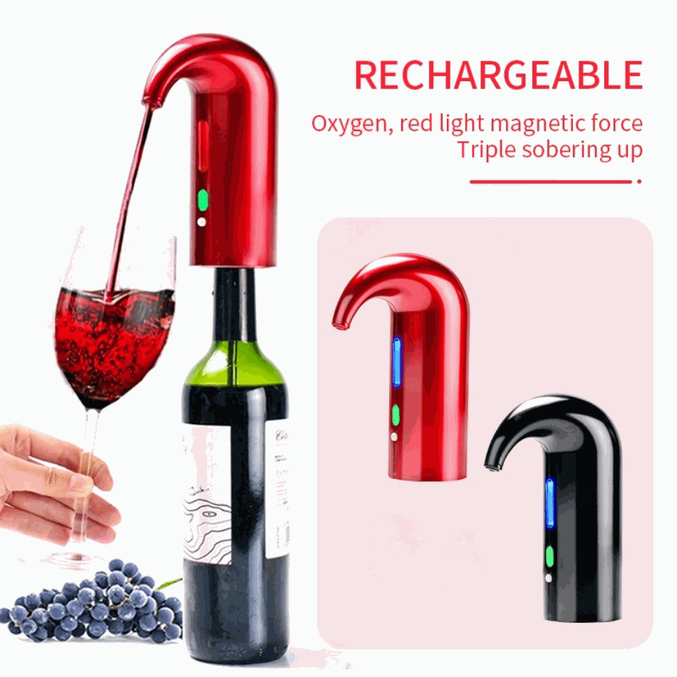 Electric Wine Pump with a glossy red and black rechargeable design, slender spout and illuminated control buttons
