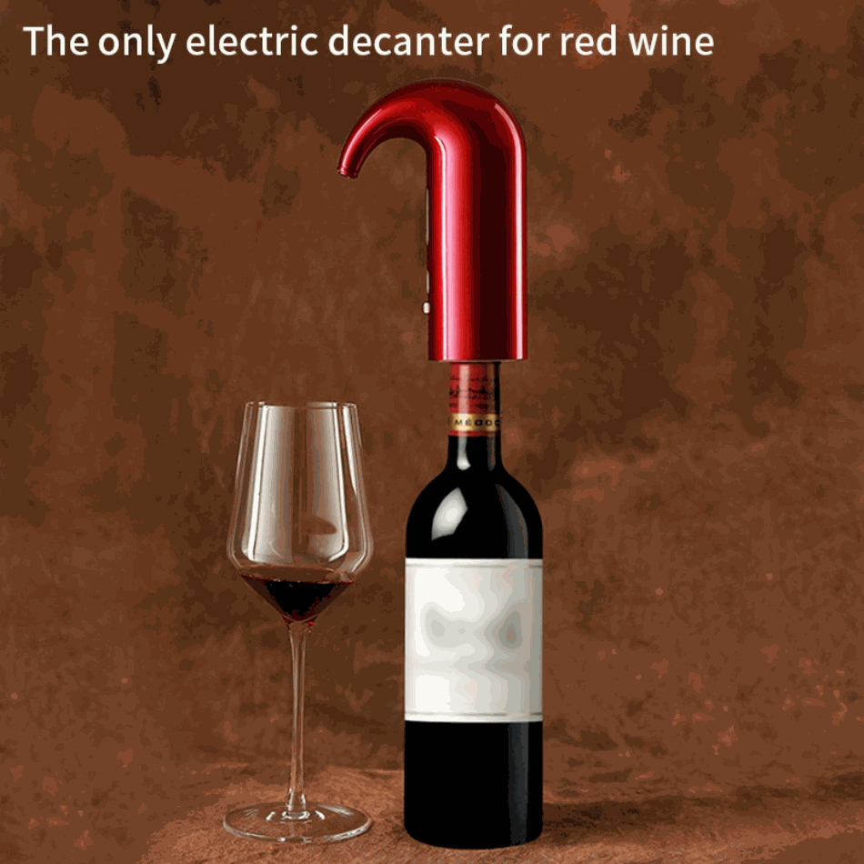 Electric Wine Pump with a glossy red curved spout fitted to a dark wine bottle, beside a glass of red wine