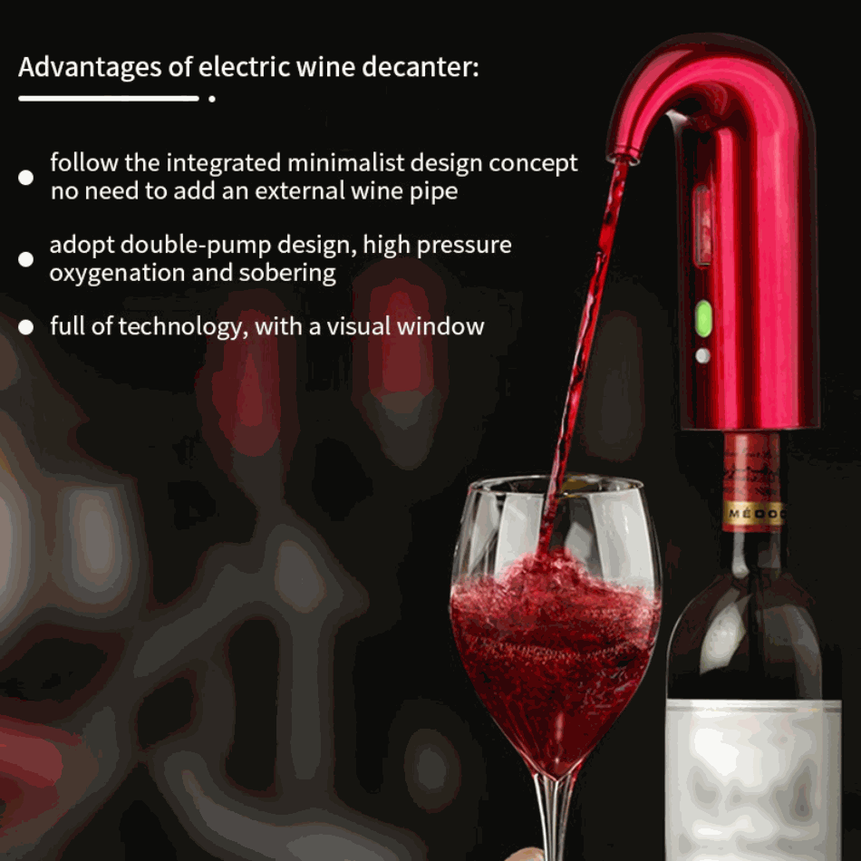 Electric Wine Pump in glossy red with a visual window, dispensing a stream of red wine into a glass