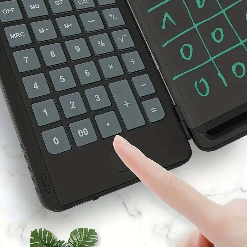 LCD Writing Tablet with a black plastic frame and teal handwritten tic-tac-toe grid, beside a calculator with a finger pressing its button.