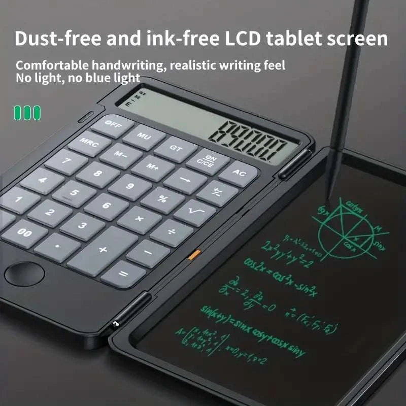 LCD Writing Tablet with a black writing screen, green handwritten notes, and an integrated calculator keypad and stylus.