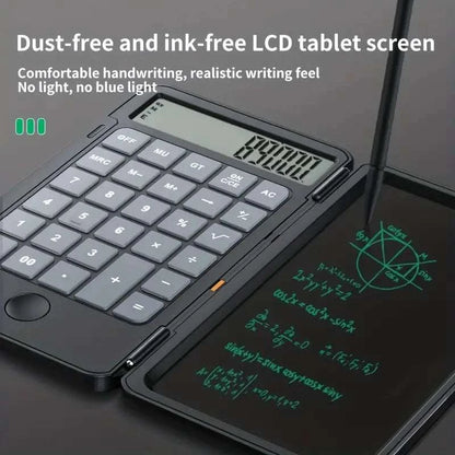 LCD Writing Tablet with a black writing screen, green handwritten notes, and an integrated calculator keypad and stylus.