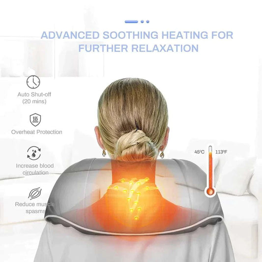 Neck & Shoulder Massager with a gray fabric wrap, U-shaped padded collar and glowing heat nodes around the neck.