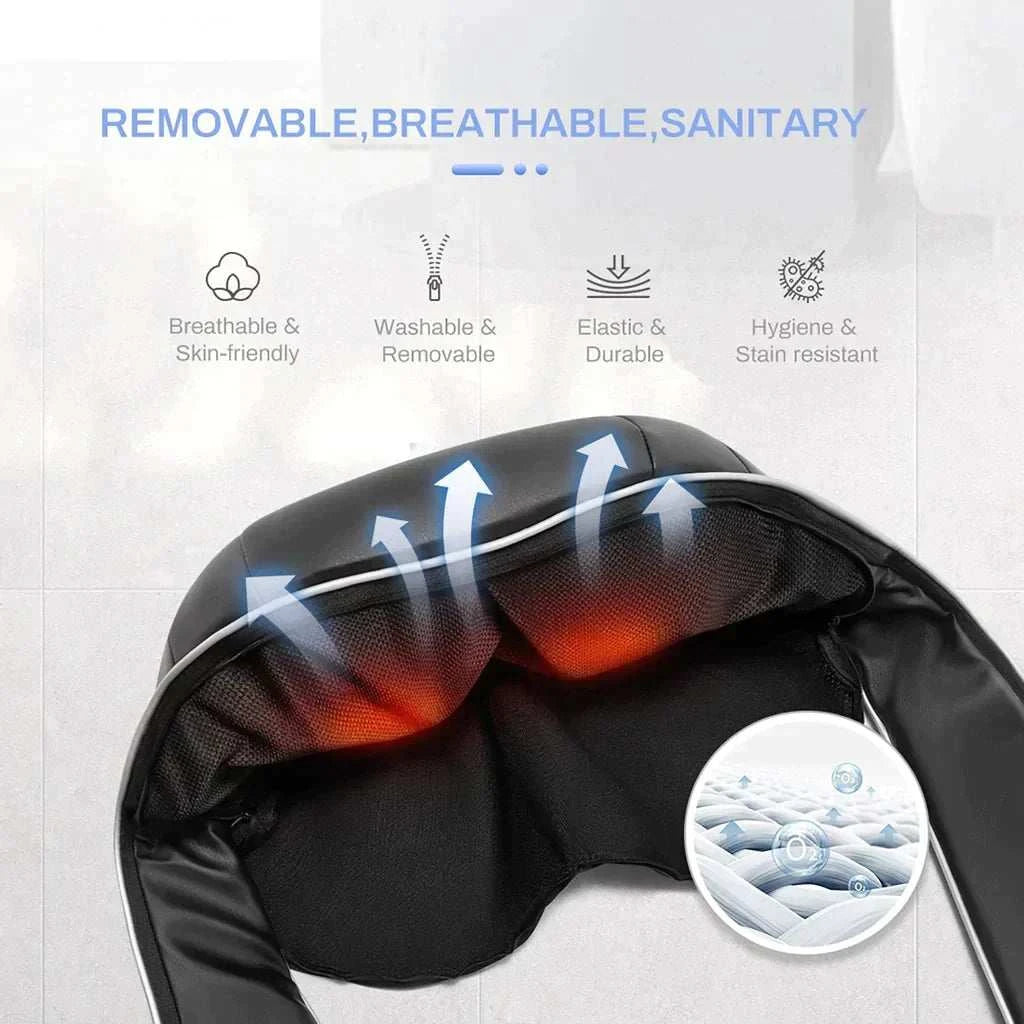 Neck & Shoulder Massager with a black removable breathable cover and warm red glow beneath the padded massage areas