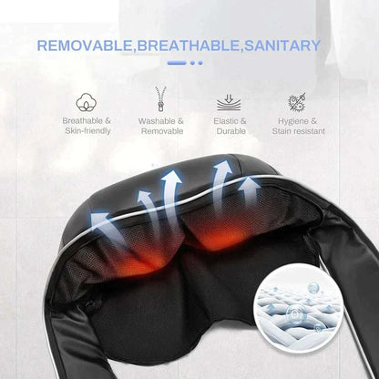 Neck & Shoulder Massager with a black removable breathable cover and warm red glow beneath the padded massage areas