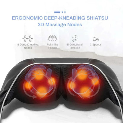 Neck & Shoulder Massager with black fabric cover, U-shaped design, glowing red kneading nodes and heat function