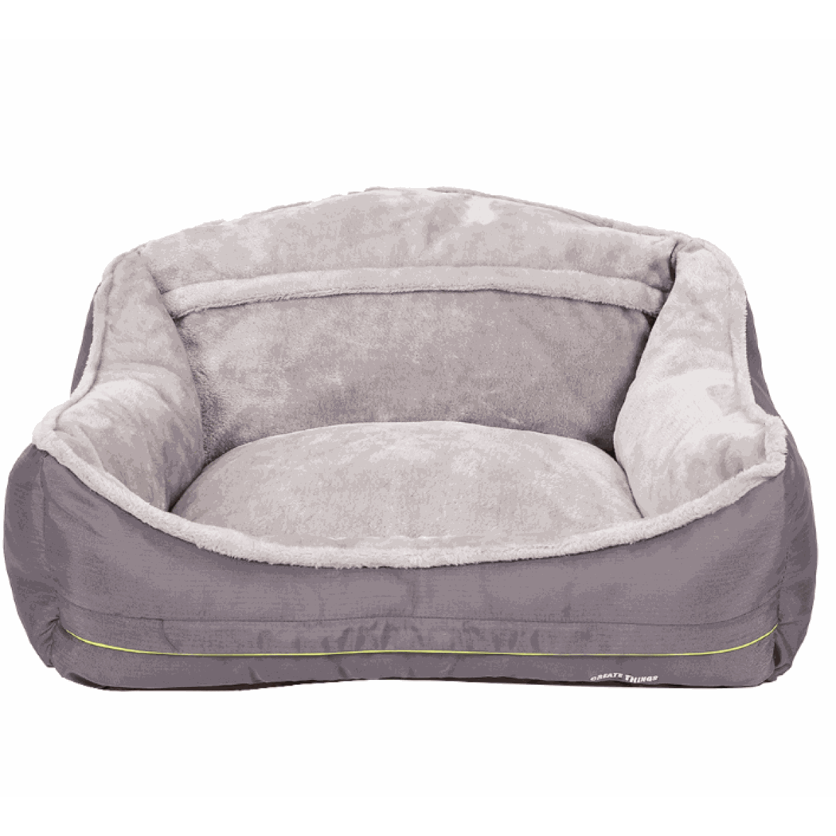 Orthopaedic Calming Dog Bed in grey plush fabric, with raised padded bolster sides and a cushioned base.