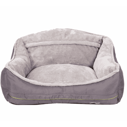 Orthopaedic Calming Dog Bed in grey plush fabric, with raised padded bolster sides and a cushioned base.