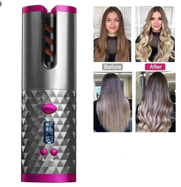 Portable Hair Curler with a silver and black geometric-patterned body, magenta accents, digital display and curling chamber.