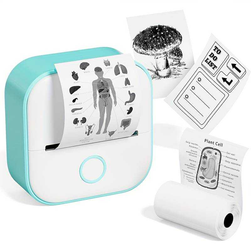 Portable Mini Printer with a white and turquoise plastic body, rounded design, circular button and thermal paper feed printing monochrome diagrams and labels.
