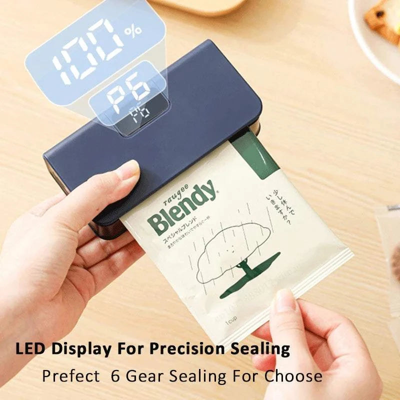 Rechargeable Mini Bag Sealer in dark navy blue plastic, sealing a printed snack pouch with a visible LED display.
