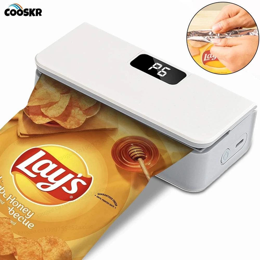 Rechargeable Mini Bag Sealer in white ABS plastic, with a black LED display and rounded rectangular shape, sealing a snack bag.