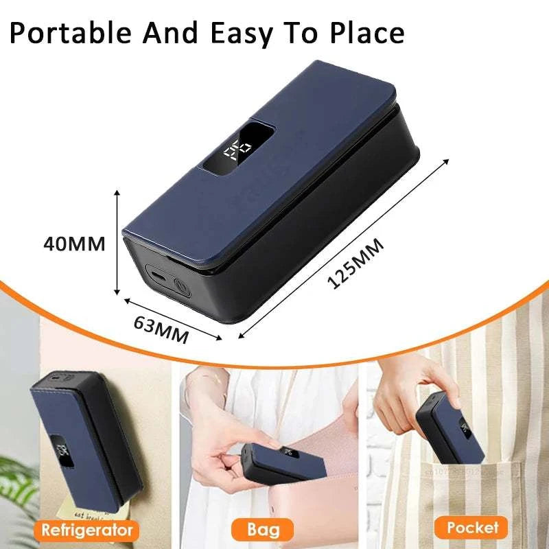 Rechargeable Mini Bag Sealer in dark navy and black plastic, with a compact rectangular body and small LED display.