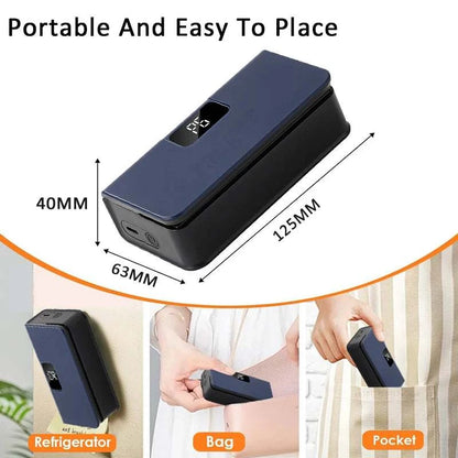 Rechargeable Mini Bag Sealer in dark navy and black plastic, with a compact rectangular body and small LED display.