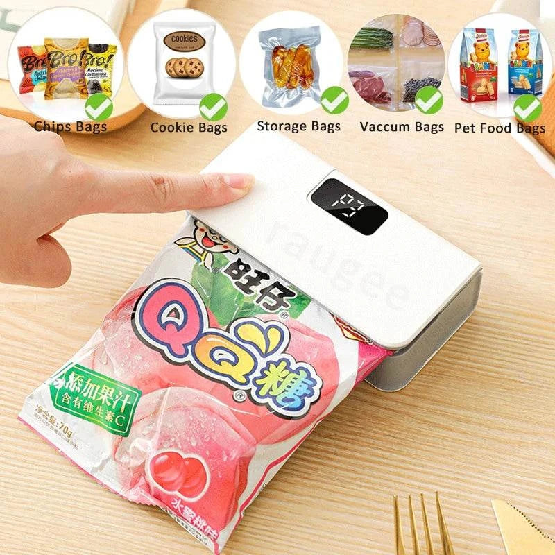 Rechargeable Mini Bag Sealer in white ABS plastic, with a black digital display sealing a colourful snack bag