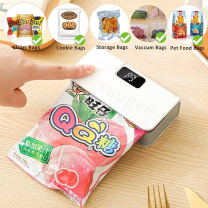 Rechargeable Mini Bag Sealer in white ABS plastic, with a black digital display sealing a colourful snack bag