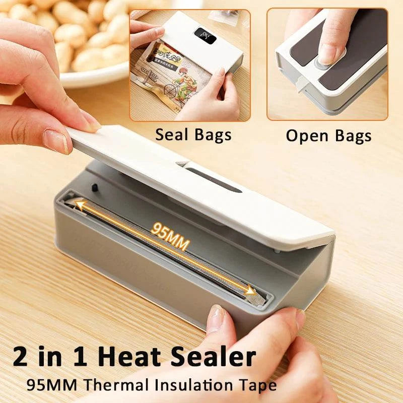 Rechargeable Mini Bag Sealer in white and grey plastic, with a slim 95 mm heat-sealing strip and built-in bag cutter