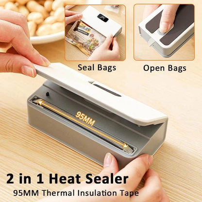 Rechargeable Mini Bag Sealer in white and grey plastic, with a slim 95 mm heat-sealing strip and built-in bag cutter