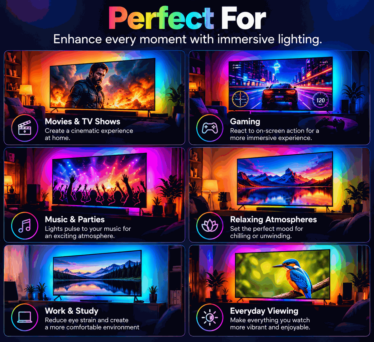 RGBIC TV Backlight with colourful multi-zone LED glow around televisions, featuring screen-sync, gaming and music scenes