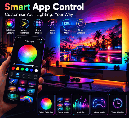 RGBIC TV Backlight strip glows in vivid multicolour zones, with a smartphone app showing colour, scene, music and game controls