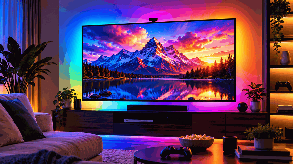 RGBIC TV Backlight showing a wall-mounted television with multicoloured ambient LED lighting and a camera above the screen