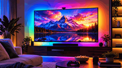 RGBIC TV Backlight showing a wall-mounted television with multicoloured ambient LED lighting and a camera above the screen