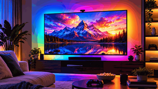 RGBIC TV Backlight showing a wall-mounted television with multicoloured ambient LED lighting and a camera above the screen