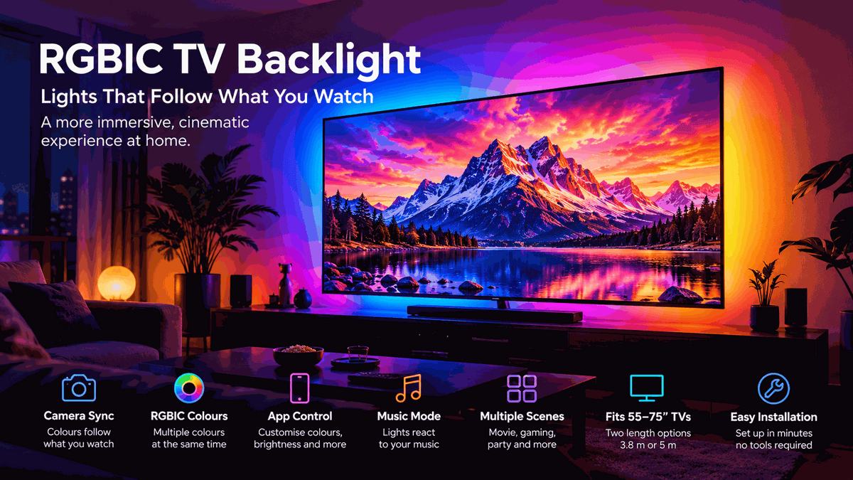 RGBIC TV Backlight showing a large television with multicoloured screen-sync lighting, camera sync, app control and music mode