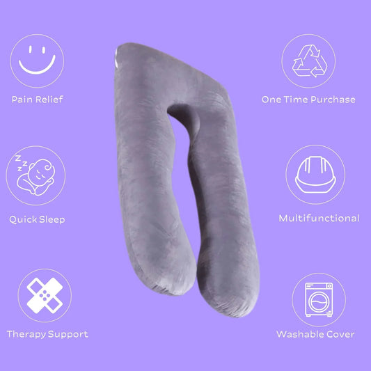 Sleep Therapy Pillow in soft grey plush fabric, shaped as a deep U with a contoured, supportive profile