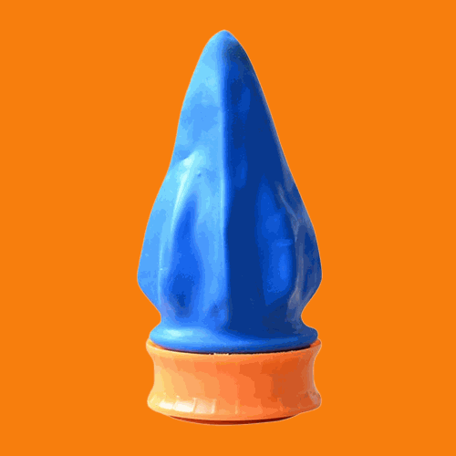Slingshot Cup Launcher with a bright blue pointed elastic launcher fitted into an orange plastic cup base