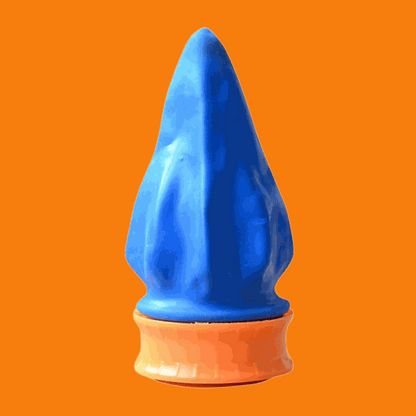 Slingshot Cup Launcher with a bright blue pointed elastic launcher fitted into an orange plastic cup base