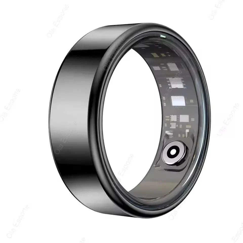 Smart Fitness Ring in glossy black metal, with a smooth wide band and visible inner sensor components.