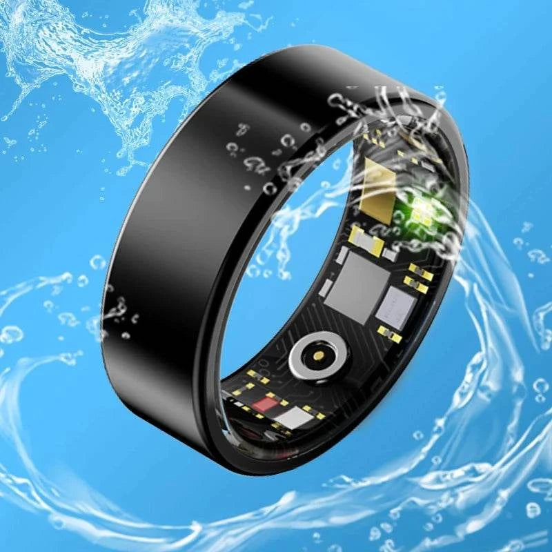 Smart Fitness Ring with a glossy black exterior and exposed electronic sensors, shown as a waterproof health tracker