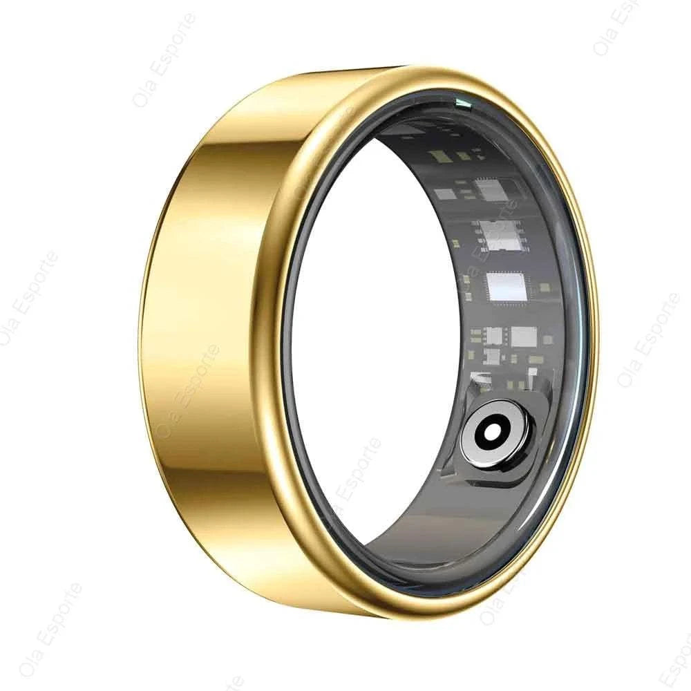 Smart Fitness Ring with a gold-tone polished metal exterior, dark inner band, and visible sensor components for health tracking.