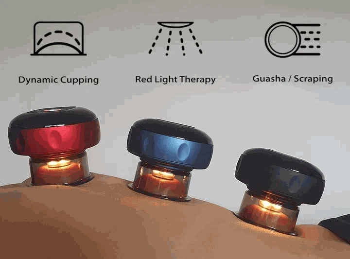 SmartCup — Smart Electric cupping therapy device in red, blue and black, with translucent suction cups and glowing light rings