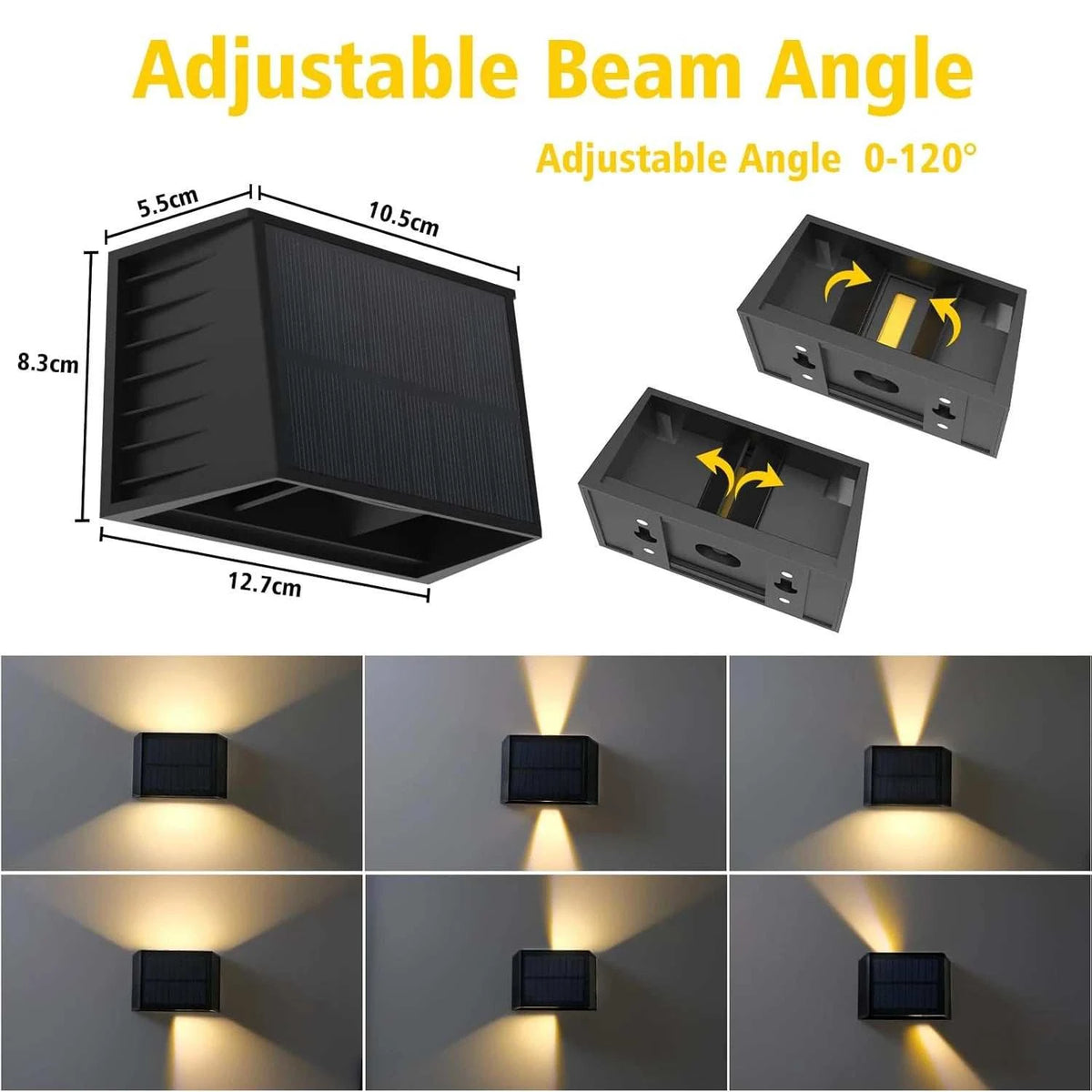 Solar Fence & Wall Light in a black solar-powered casing with adjustable 0–120° up-and-down beams and compact rectangular design