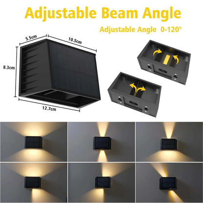Solar Fence & Wall Light in a black solar-powered casing with adjustable 0–120° up-and-down beams and compact rectangular design