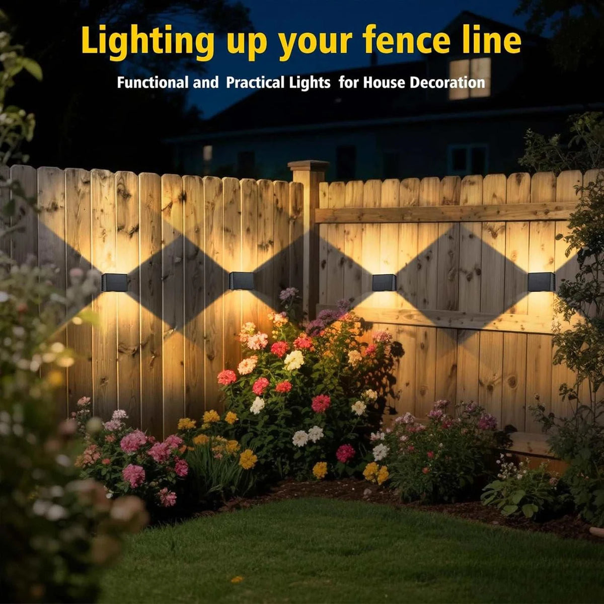 Solar Fence & Wall Light, black compact solar lamps casting warm up-and-down beams across a wooden fence