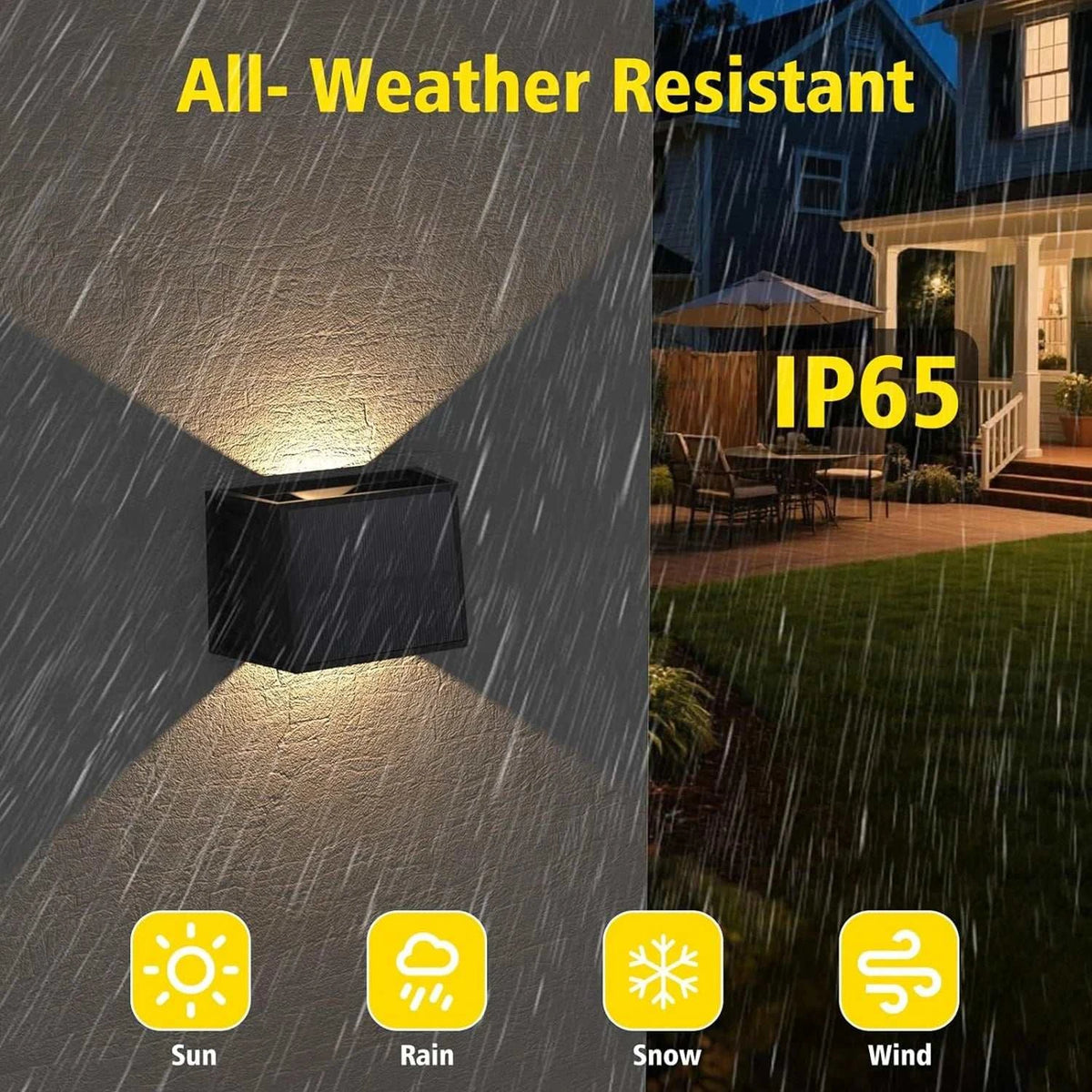 Solar Fence & Wall Light in black with warm up-and-down beams, shown illuminating a wall through rain to demonstrate IP65 weather resistance.