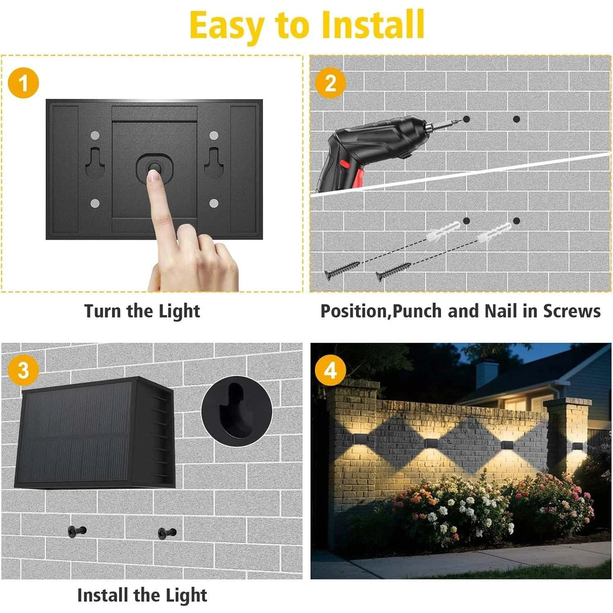 Solar Fence & Wall Light fitting with a black rectangular solar panel and compact housing, shown mounted to a wall with dual beams