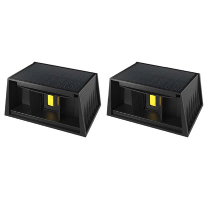 Solar Fence & Wall Light pair in black plastic, with angled solar panels, faceted housings and yellow LED lenses.
