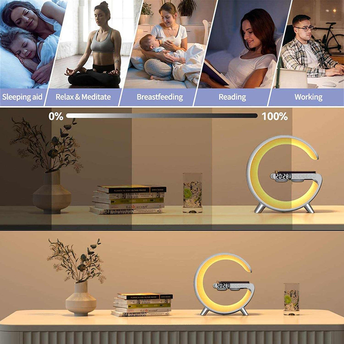 Wireless Charging Lamp with a glowing yellow G-shaped ring, silver stand and digital clock display on its base.